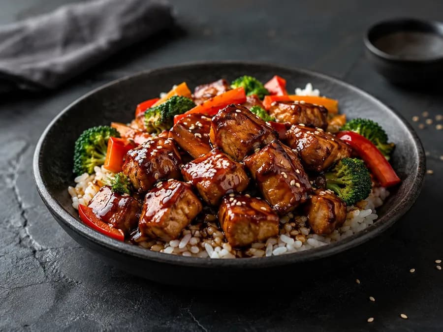 Pollo teriyaki con arroz y verduras al wok