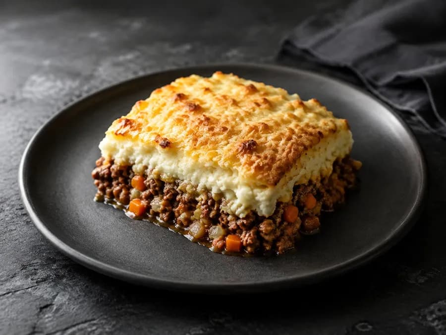 Pastel de carne magra con puré de coliflor y papa