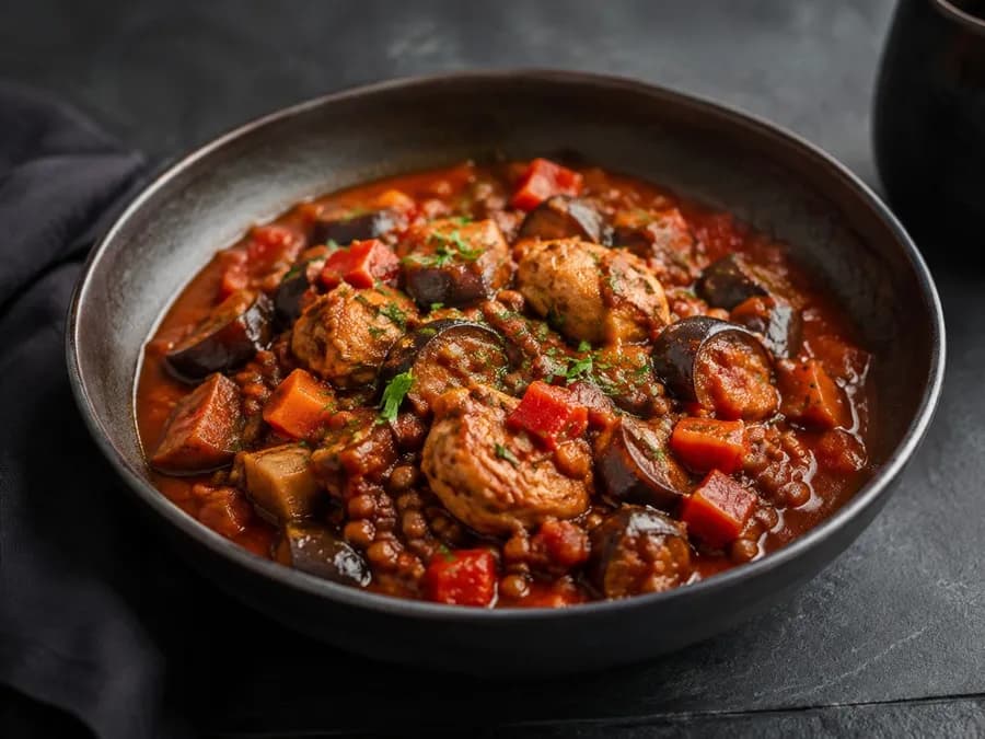 Guiso de pollo con lentejas y berenjena